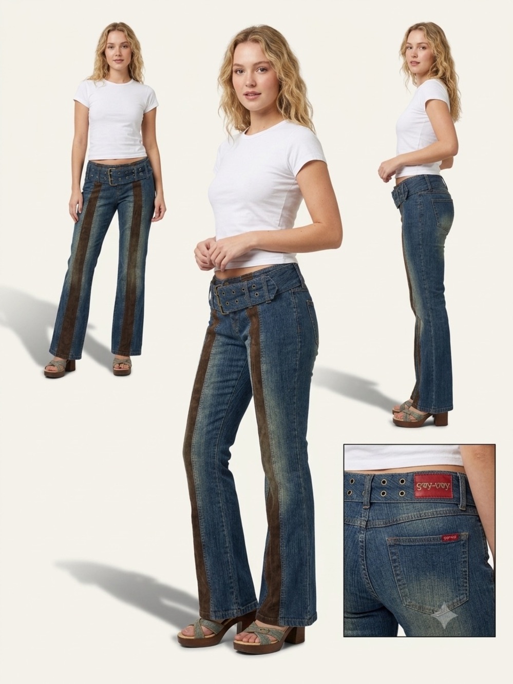 solo Blue Denim Flare Jeans with Brown Suede Stripes